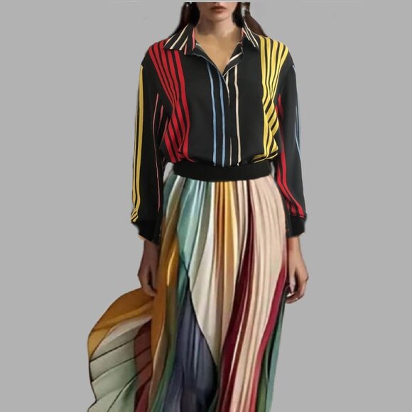 MARELLA Black Multicolor Striped Long Sleeve Button-Up Collared Blouse Sz XL - Picture 1 of 6